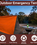 Emergency Survival Tent Mylar Thermal Shelter for 1 or 2 people set up in a wooded area, includes features icons.