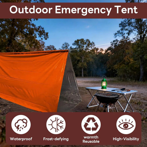 Emergency Survival Tent Mylar Thermal Shelter for 1 or 2 people set up in a wooded area, includes features icons.
