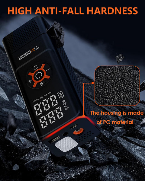 Portable Tire Inflator Air Compressor with Frosted Digital Gauge, showing durable PC material housing, orange accents