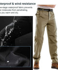 Mens Waterproof Hiking Pants With Fleece Lined Insulated Soft Shell For Winter, waterproof feature demonstration, black and beige colors