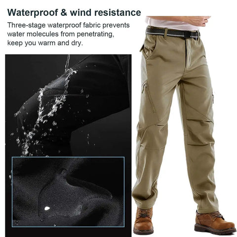 Mens Waterproof Hiking Pants With Fleece Lined Insulated Soft Shell For Winter, waterproof feature demonstration, black and beige colors