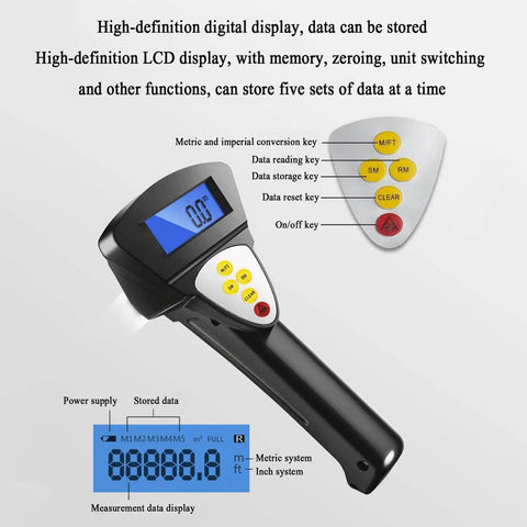 Straight Shooter Hand Pushed Measuring Wheel And Portable Telescoping Distance Tracker With Hd Lcd Screen showing digital display and control buttons.