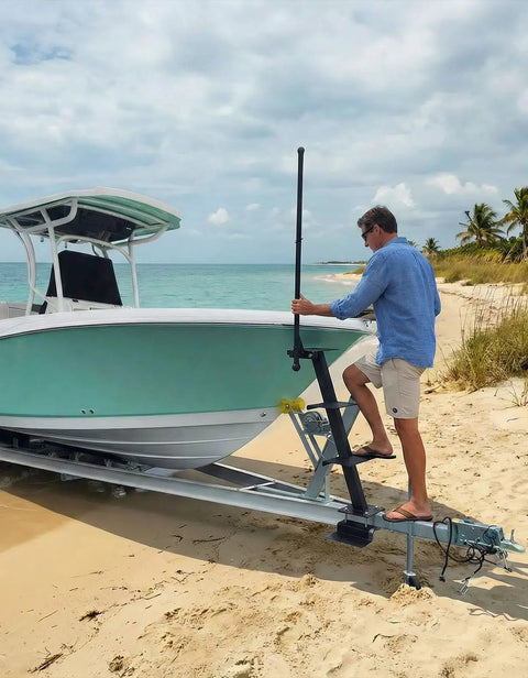 4 Step Boat Trailer Ladder With Handrail For Easy Bow Access, Heavy Duty Boarding Platform, Universal Fit For Bass Boats, Pontoon And Aluminum Trailers, Non Slip Treads, Rust Resistant, Black on beachside boat trailer