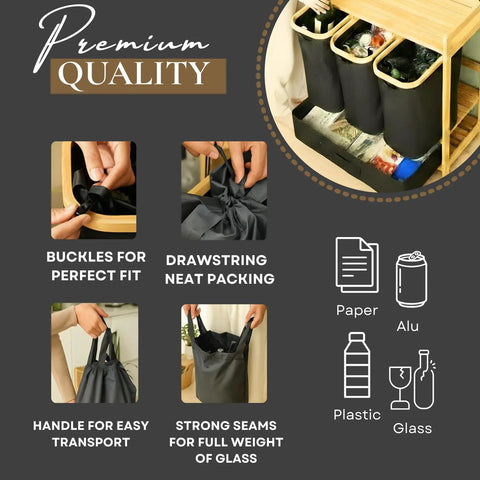 Close-up of four section bamboo recycling bin with dual trash and recycle bins for kitchen or office, showing removable liners.