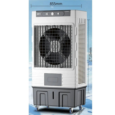 Industrial Grade Heavy Duty Evaporative Swamp Cooler With Remote And 12 Hour Timer Rock Solid Metal Design For Garage Patio Or Room Hella Cool Oscillating Fan, tall design with large fan.