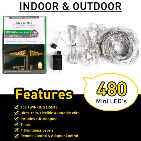 480 LED Gazebo Net Lights 10x10ft Mesh Curtain Outdoor Waterproof; packaging, adapter, and coiled lights displayed.