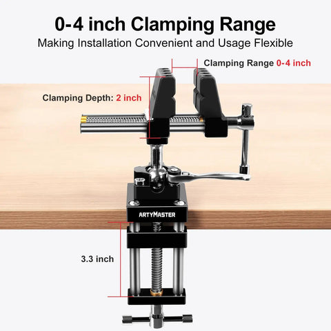 360 Degree Rotating Bench Vise With Quick Release Ratchet Wrench for woodworking, 4-inch view showing clamping mechanism.