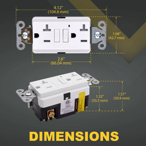 Three Pack GFCI Outlet 20 Amp with LED Indicator dimensions illustration, showing receptacle measurements in inches and millimeters.