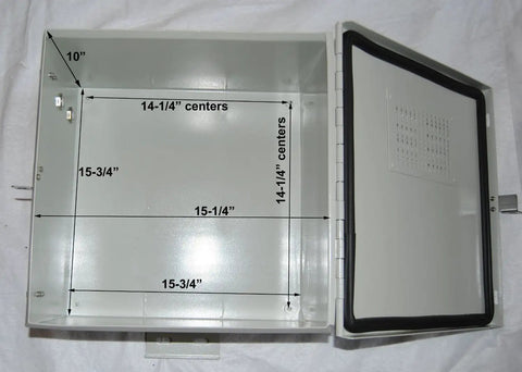 Inside view of Built Tough Nema 4X Aluminum Electrical Enclosure Box 17 By 17 By 10 Inches with dimensions marked.