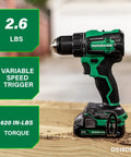 All-In-One 18V MultiVolt Cordless Drill with 620 in-lbs torque, 2.6 lbs weight, variable speed trigger, on wooden surface