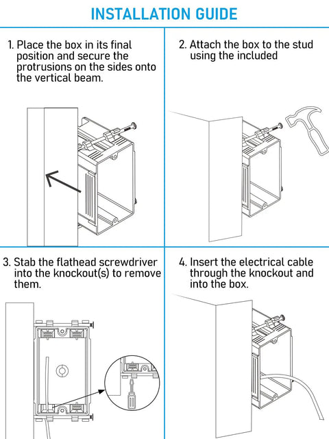 12 Pack 22.5 Cu In Single Gang Electrical Outlet Box For New Work Side Mounted Plug And Play Quick Room Setup Deep Internal Capacity Easy Install Recessed Outlet Wire Management Standard Size installation guide diagram