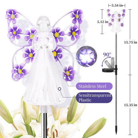 Solar Angel Garden Stake Lights 2 Pack With 7 LEDs featuring stainless steel stake and semitransparent plastic angel with purple flowers