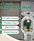6 Pack Tough As Nails Quick Response Pendent Fire Sprinkler Heads Rock Solid Brass Body 199F High Temp Activation Half Inch NPT Thread Dope Setup For Home Kitchen Heavy Duty Safety, close-up view of brass fire sprinkler head.