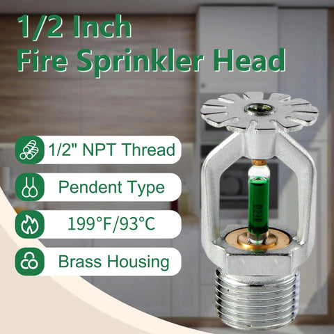 6 Pack Tough As Nails Quick Response Pendent Fire Sprinkler Heads Rock Solid Brass Body 199F High Temp Activation Half Inch NPT Thread Dope Setup For Home Kitchen Heavy Duty Safety, close-up view of brass fire sprinkler head.