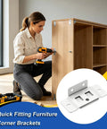 Person using drill with Sturdy L Shaped Corner Brace Bracket With Screws For Wood Shelves And Cabinets, Concealed Fastener Keeps Surfaces Clean And Neat, Heavy Duty Furniture Connector For Built To Last, Sleek Home Organization on wood shelf