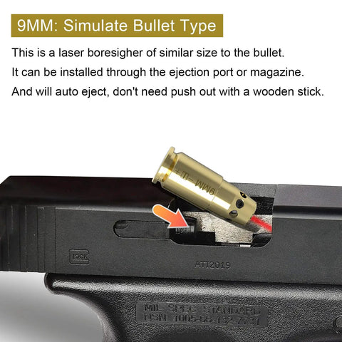 Laser Bore Sighter Kit For 22LR And 9mm Calibers, red dot alignment tool inserted in handgun ejection port