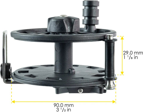 Side view of R50 Dive Reel With One-Piece Delrin Body And AISI316 Stainless Steel Hardware, showing dimension labels for height and width.