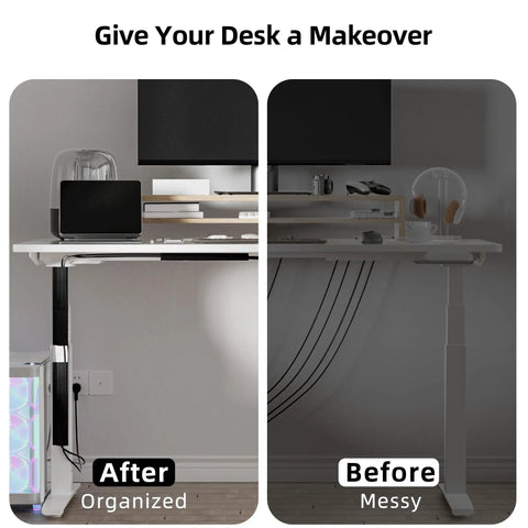 Before and after using Six 15.7 Inch J Channel Cable Management Set, Adhesive Mount Desk Cord Organizer for home office.