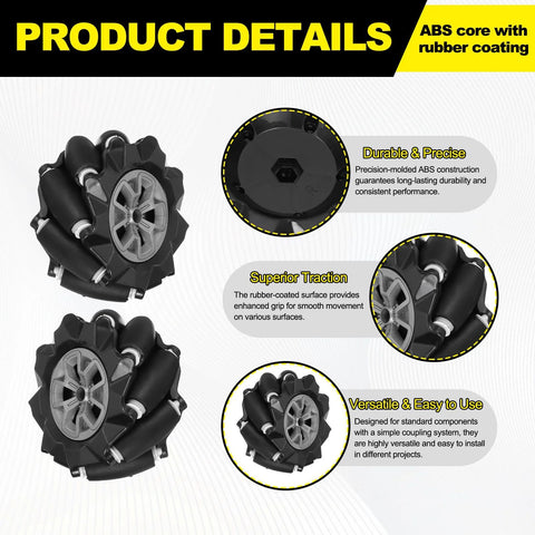 MECCANIXITY 1Pack Mecanum wheel set with couplings, 97mm, ABS rubber, black for omnidirectional robot cars