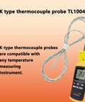 Universal K Type Thermocouple Probe TL1004 for K Type Thermometers with metal probe, shown with thermometer, 0 to 935°F range.