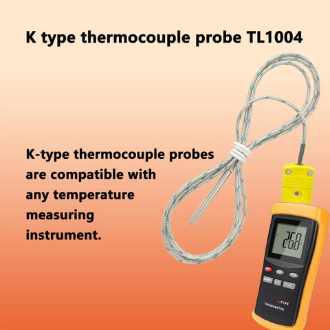Universal K Type Thermocouple Probe TL1004 for K Type Thermometers with metal probe, shown with thermometer, 0 to 935°F range.