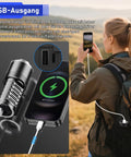 Ultra Bright LED Flashlight With 100000 Lumens Rechargeable 10800mAh Battery Zoomable Focus next to phone charging via USB outdoors