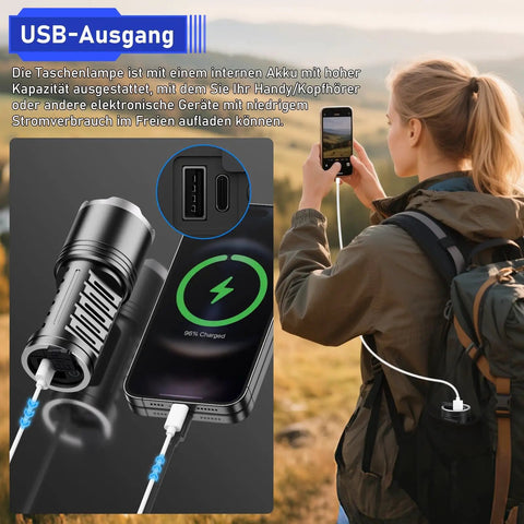 Ultra Bright LED Flashlight With 100000 Lumens Rechargeable 10800mAh Battery Zoomable Focus next to phone charging via USB outdoors