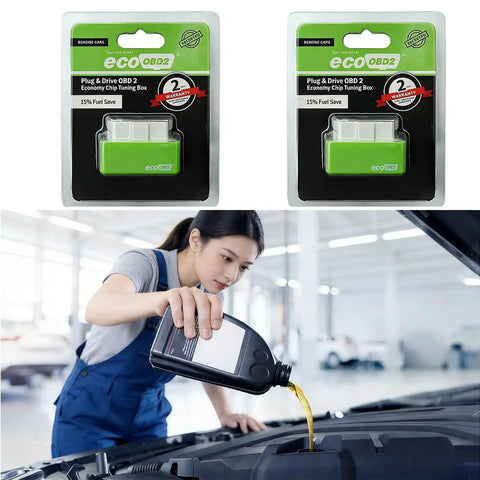 Plug And Play OBD2 Gas Saving Tuning Box For Cars Boost Power Up To 35 Percent And Torque 25 Percent While Slashing Gas Costs With Eco Energy Saver Universal Car Accessory shown in packaging and use