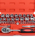 34 Piece 3/8 Inch Drive Socket Set With Ratchet Includes Metric And SAE Sockets Extension Bar And Heavy Duty Storage Case For Auto Repair And Home Projects in red case