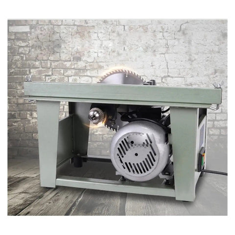 Featherweight Mini Table Saw For Woodworking With Sturdy Metal Base And Killer 3800 Rpm Action Portable Diy Panel Cutters For Clean Lines And Sweet Garage Workshop Upgrades showing the motor and blade action.
