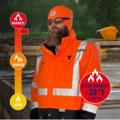 Man wearing High Visibility Reflective Thermal Jacket Set With Outer Rain Shell Four In One Design For Work In Minus Thirty Fahrenheit Weather in orange.