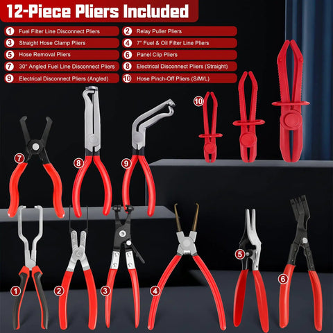 12-piece pliers included in 38 Piece Automotive Hose Clamp Pliers Set Plus Fuel Line Disconnect Toolkit displayed on shelf.
