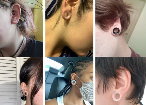 Six images of people wearing 0G Ear Tunnels Kit Ultra Thin Silicone Flesh Flexible Gauges Set Of 6 Pairs Clear White Black For Piercing
