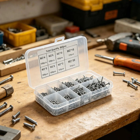 800 Piece Self Tapping Screws Set M2 Carbon Steel with Organized Storage on a workshop table