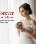 Bride holding Vintage Americana 11oz Ceramic Coffee Mug With Red Pickup Truck And American Flag Illustration in white gown.