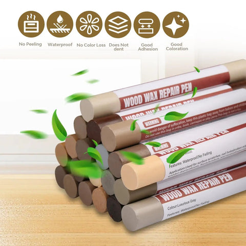 No Sweat Wood Filler Sticks For Fast Scratch Repair Wax Crayons For Hardwood Floors Cabinets And Furniture Touch Up Markers True Oak Walnut Mahogany Shades Clean Finish displayed in a stack with colors and labels.