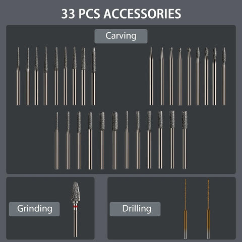 33-piece engraving tool accessory set with carving, drilling and grinding bits