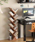 Tree Shaped 10 Tier Floor Standing Wood Bookcase Slim Space Saver for narrow rooms tight spots in home office brown finish