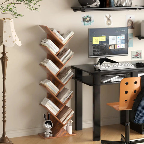Tree Shaped 10 Tier Floor Standing Wood Bookcase Slim Space Saver for narrow rooms tight spots in home office brown finish
