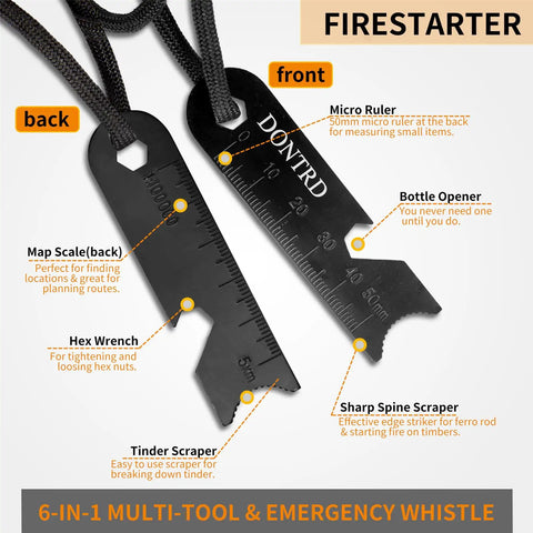 Black multi-tool with micro ruler, bottle opener, hex wrench, map scale, and scrapers, including Handmade Wooden Handle Three Eighths Inch Thick Ferro Rod Fire Starter Kit With Striker And Umbrella Rope Waterproof Flint And Steel For Camping Survival Outdoor Prep Tough As Nails Durability.