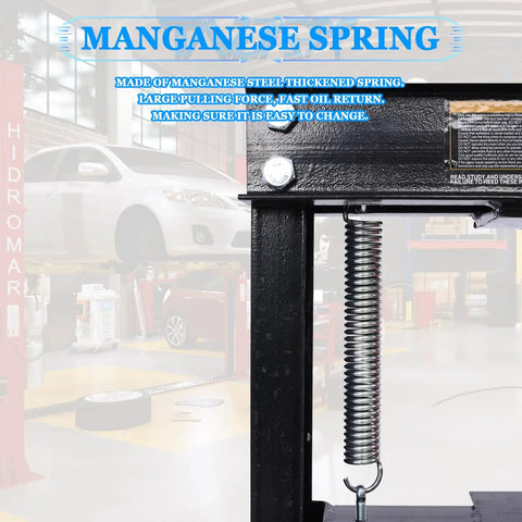 Heavy Duty 20 Ton Hydraulic Shop Press With Adjustable H Frame And Steel Press Plates Floor Mounted Bearing Press showing manganese steel spring.