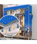 Super Spacious Portable Storage Closet And Versatile Wardrobe Organizer with vibrant blue cover, detailed fabric design, and hanging clothes.