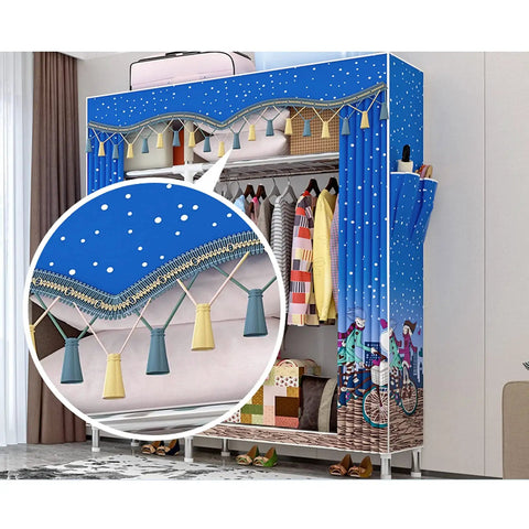 Super Spacious Portable Storage Closet And Versatile Wardrobe Organizer with vibrant blue cover, detailed fabric design, and hanging clothes.