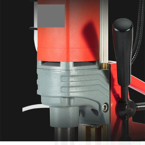 Close-up of the motor unit of PortaBle AX16 Mag Drill Rig Machine Magnetic Drill Press For Steel Structure, Portable Engineering Bench Drilling Tool.