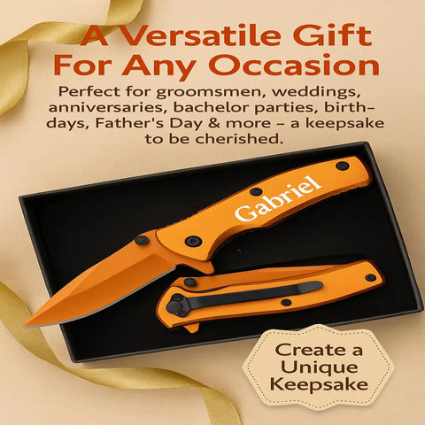 Custom Titanium Coated Stainless Steel Pocket Knife With Free Engraving Orange 2.75 Inch Satin Blade in gift box