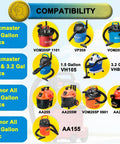 Compatibility chart for 5 Pack VRC2 Replacement Cloth Vacuum Filters showing Vacmaster and Armor All models compatible