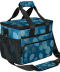 Blue Insulated Picnic Backpack Lunch Bag For Men And Women Grab And Go Portable Tote with leaf pattern and black straps.
