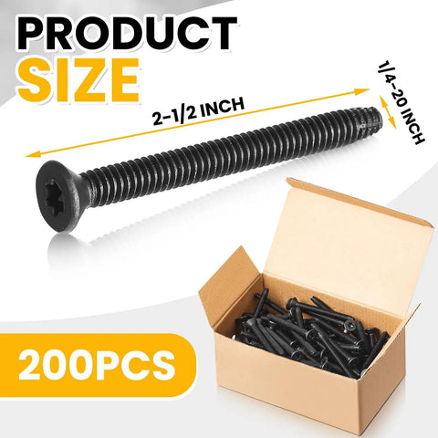 Image of 200 Pcs 1/4-20 x 2-1/2 Self-Tapping Trailer Deck Screws with Flat Head, Star Drive T-30, shown with open box.