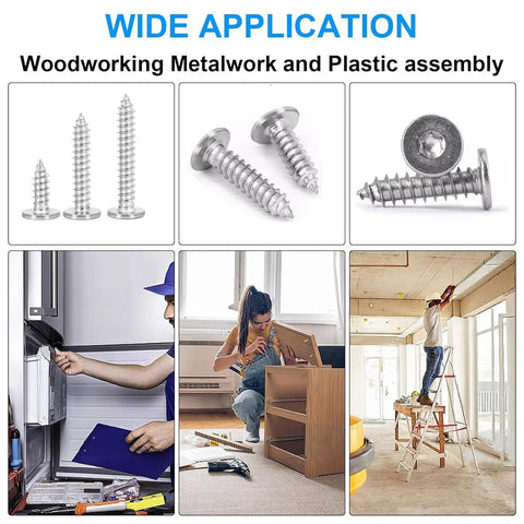 Built Tough Top Shelf Torx Flat Head Self Tapping Screws M4X12 304 Stainless Steel shown in use for woodworking and metalwork.
