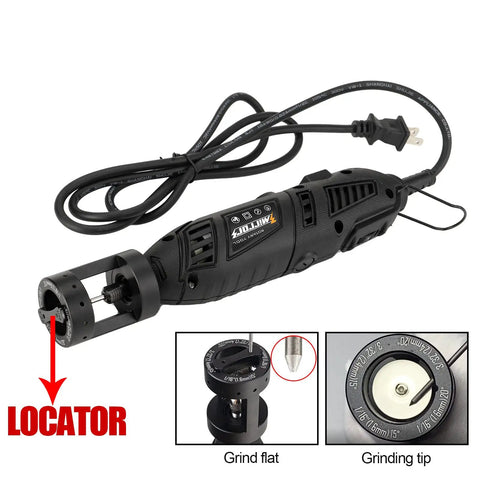 Ultra Portable Aluminum Tungsten Grinder Kit with 12 Guides and 4 Angles showing grinding tip and locator, electric grinder visible.